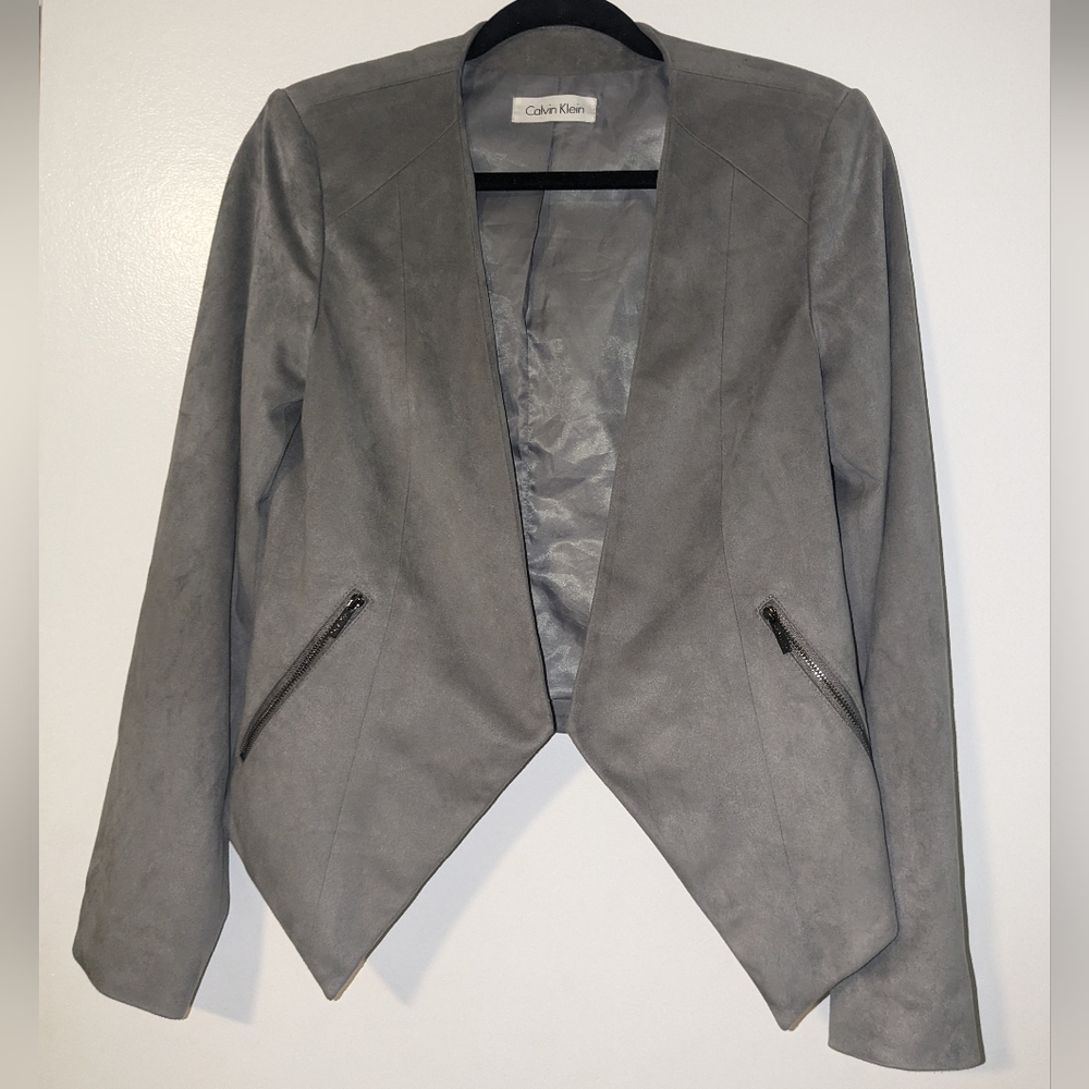 Grey Collarless Open Front Calvin Klein Blazer